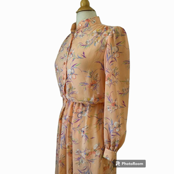 BIG SALE! Vintage 70's Matti Of Lynne Peach Floral Dress - Size 8 - Picture 4 of 10